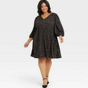 Ava & Viv Long Sleeve Babydoll Dress, Black Floral Print
